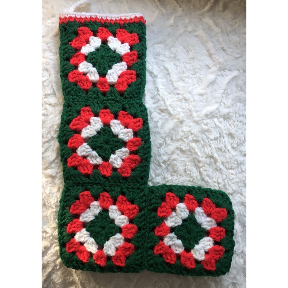 Vintage Crocheted Granny Square Hand Made Christmas Holiday Stocking 12"